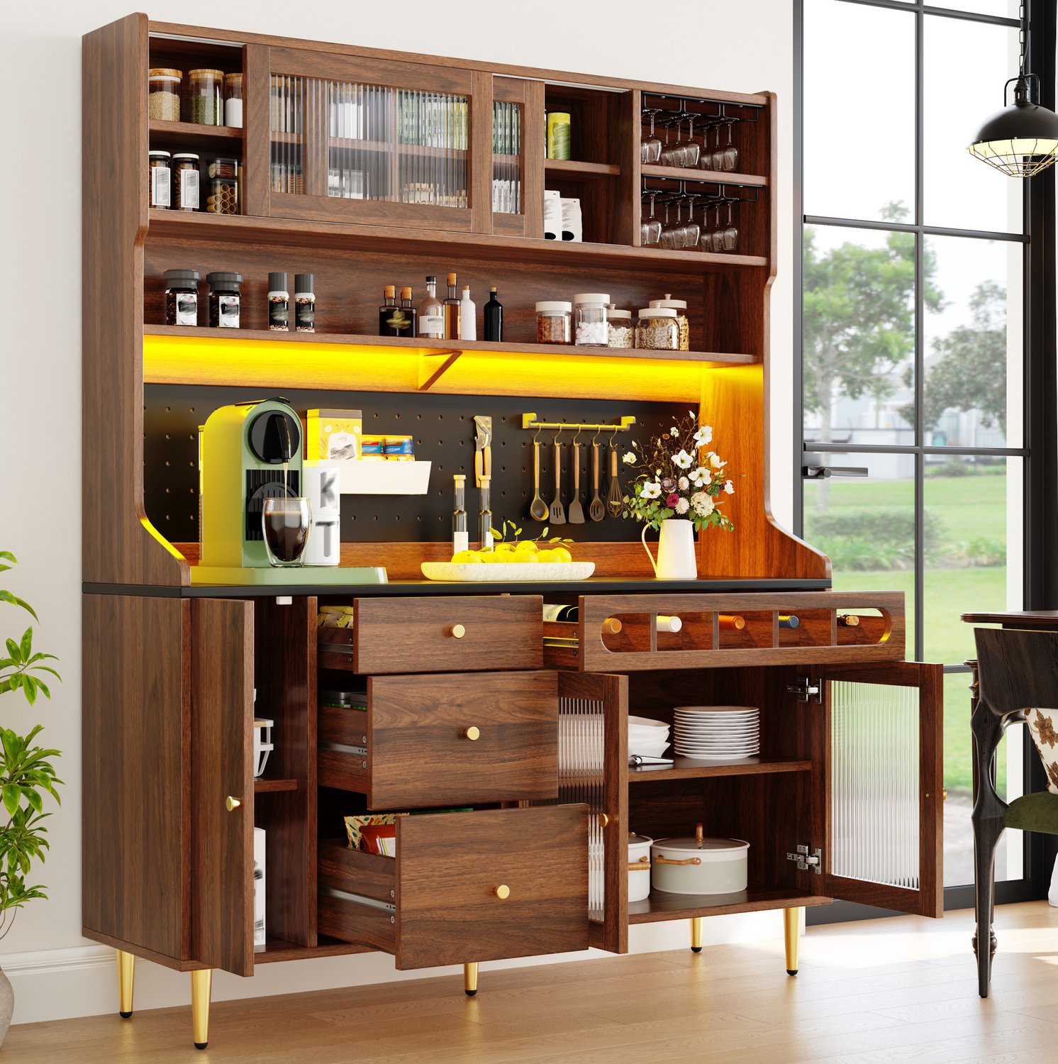 Maisentiel Buffetkast met glazen schuifdeuren, wijnrek en LED - walnootkleur - 145 x 39 x 171 cm