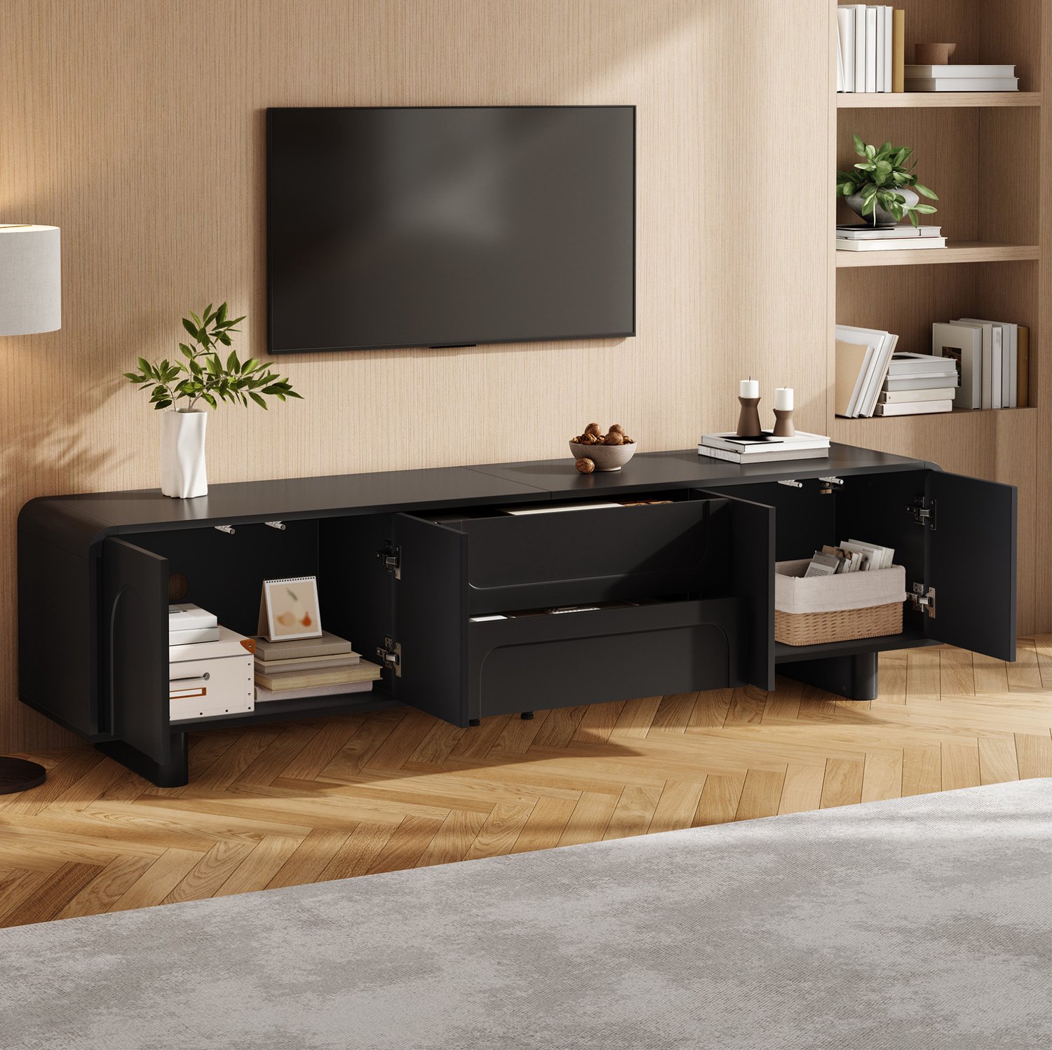 Maisentiel Zwart tv-meubel 180 cm breed met 4 deuren, 2 lades en kabeldoorvoer