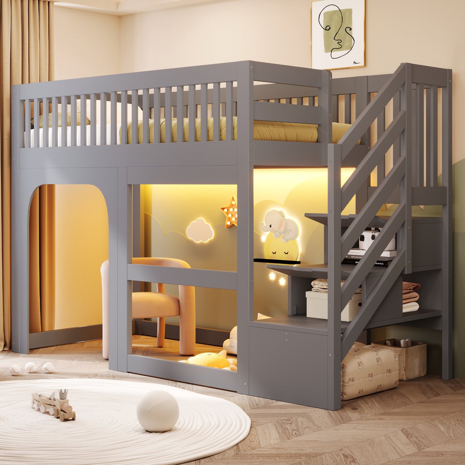 Maisentiel Kinderhoogslaper 90 x 200 cm - grijs - opbergtrap, ledverlichting en lattenbodem