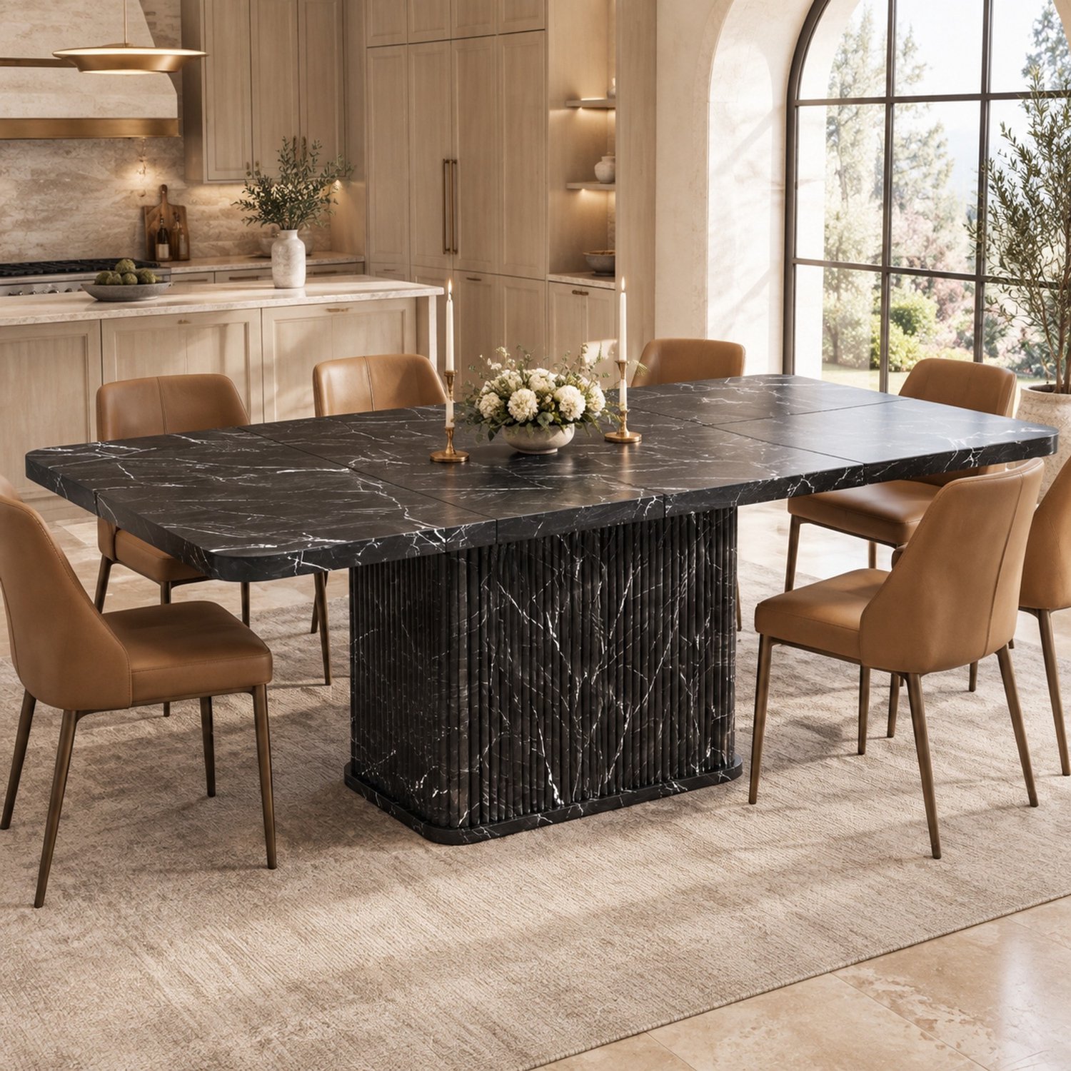 Maisentiel Uitschuifbare eettafel met opbergruimte - 140-180 x 80 cm - zwarte marmerlook