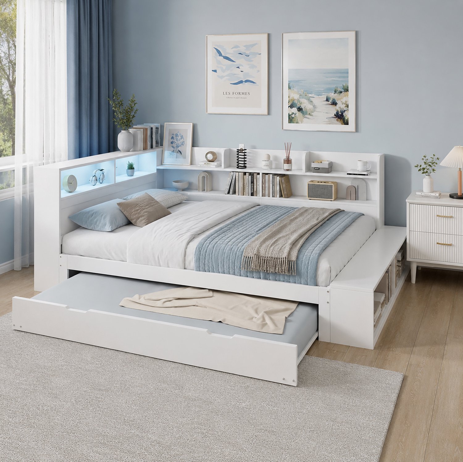 MODFU Bed Met Uitschuifbed - Opbergruimte - Ledverlichting - Hout - Wit - 120 X 200 Cm