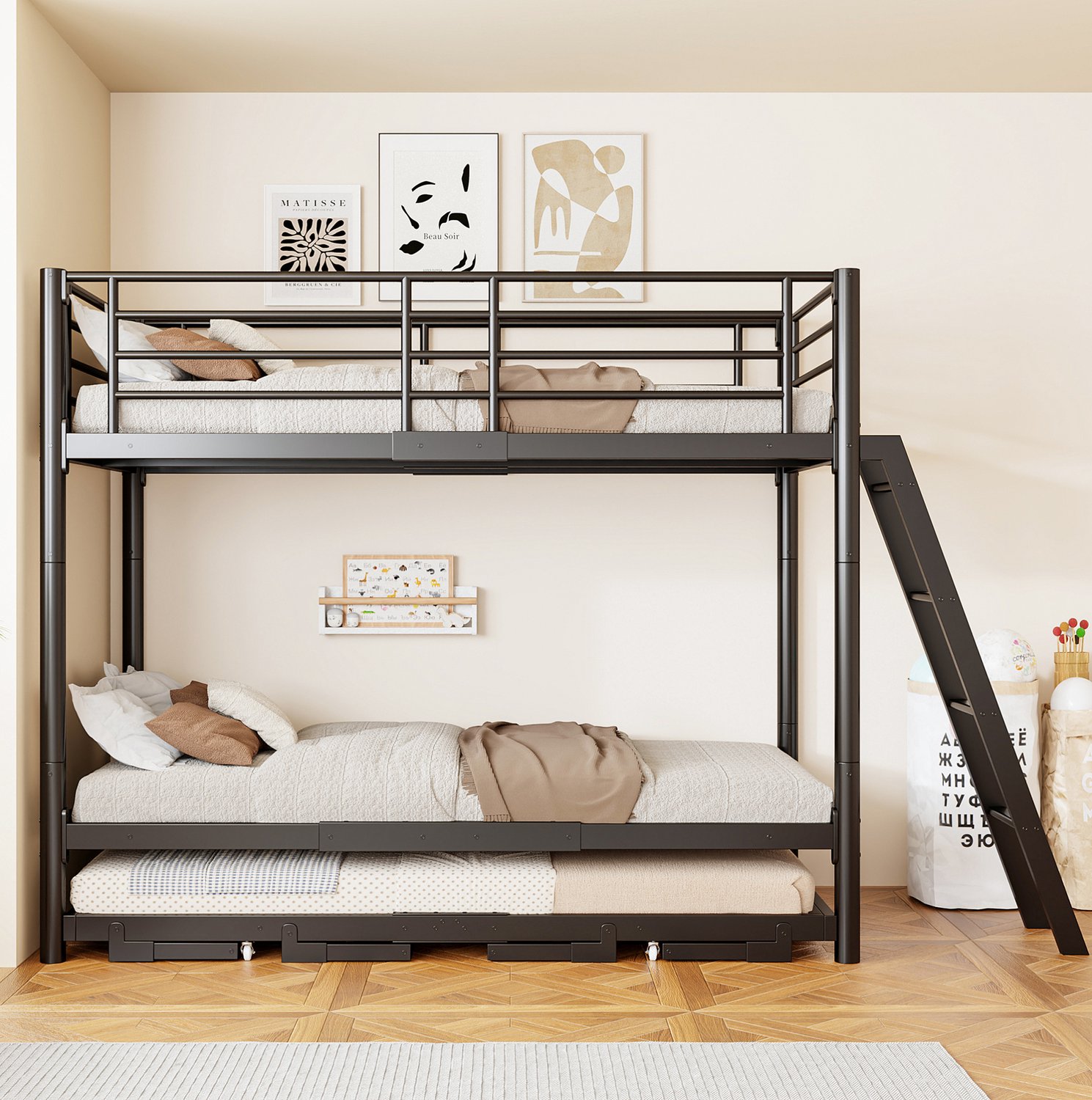 MODFU Stapelbed Met Uitschuifbed - Modern - Logeerkamer - Metaal En Hout - Zwart - 90 X 200 Cm