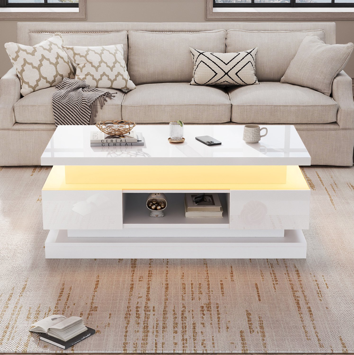Maisentiel Witte salontafel met verstelbaar blad, 2 lades en ledverlichting - 100 x 50 x 40 cm