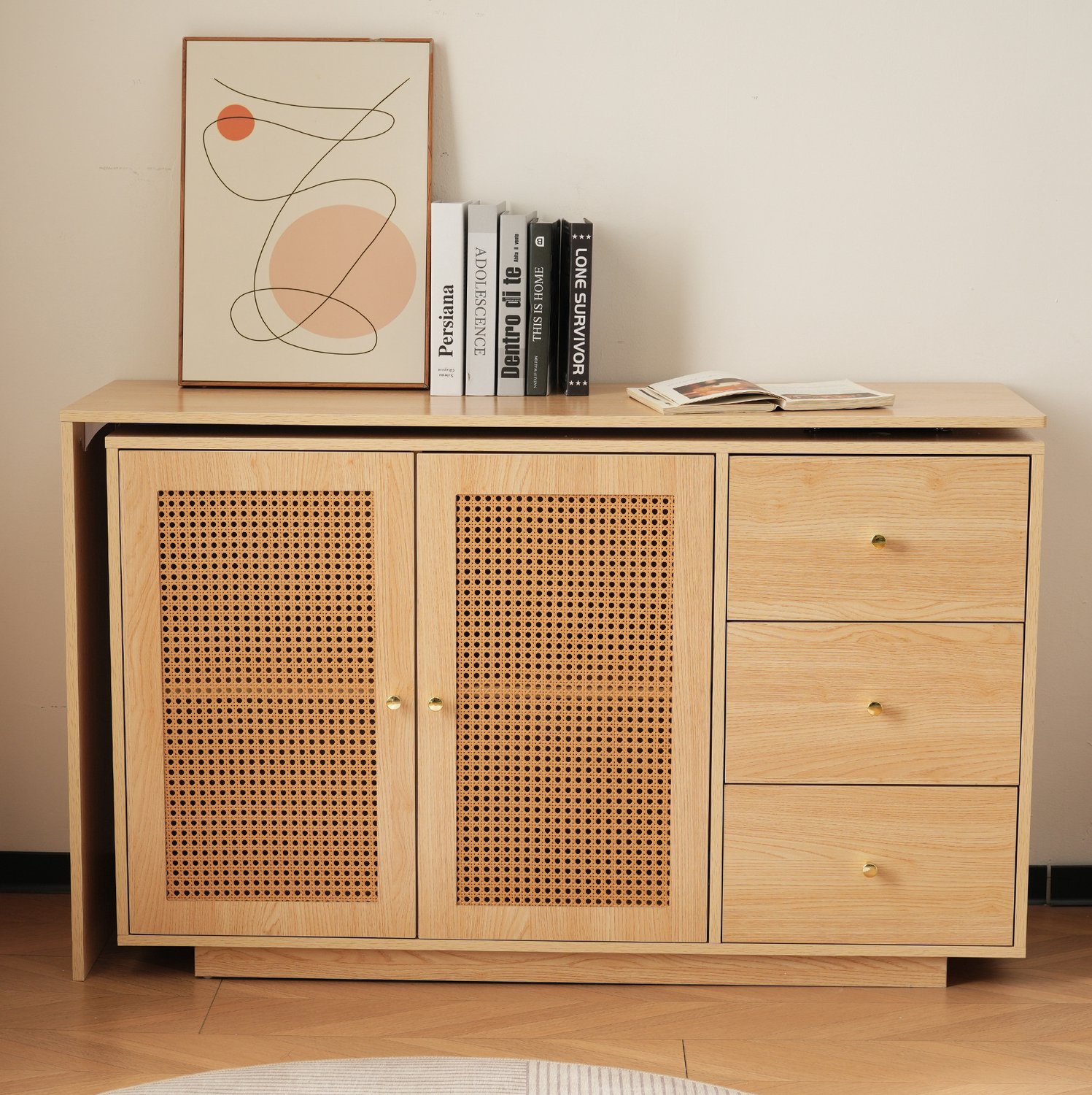 Wishdor L-vormig hoekbureau met 360 graden draaibaar blad - Inklapbaar bureau met drie kasten - Rotanlook deuren - Kantoor werkkamer slaapkamer - MDF - Naturel houtkleur - 126 x 40 x 75 cm
