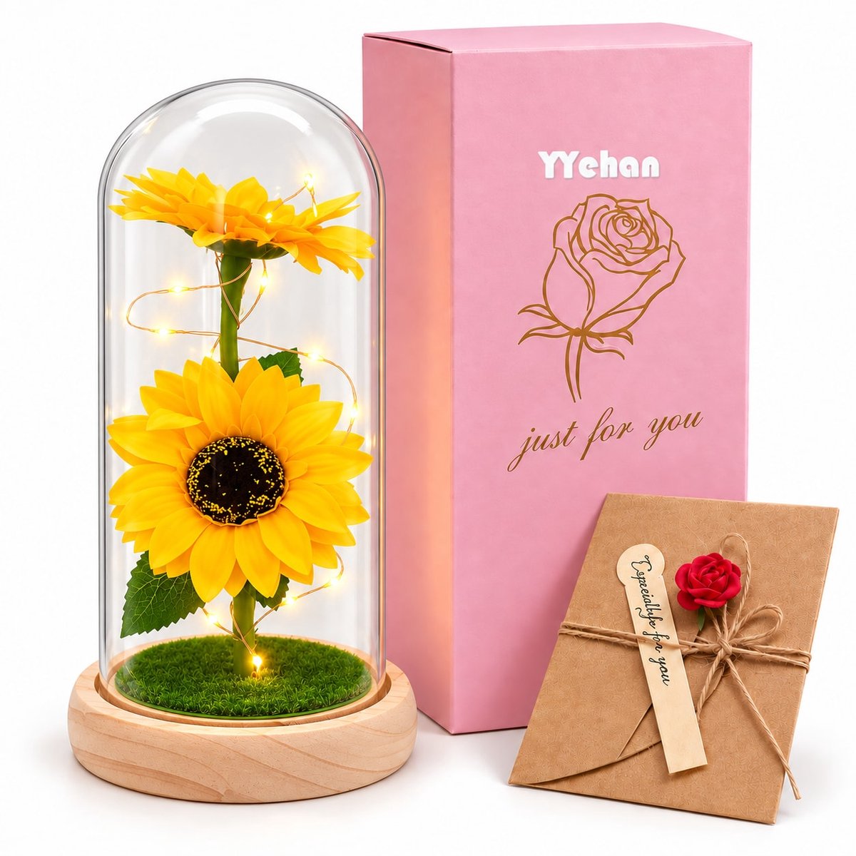 YYchan Kunstmatige Zonnebloem - Eeuwige Zonnebloem in Glazen Stolp met LED Verlichting - Natuurlijke Houten Basis - Romantisch Cadeau voor Vrouw, Moeder, Vriendin - Verjaardag - Valentijn - Kerst