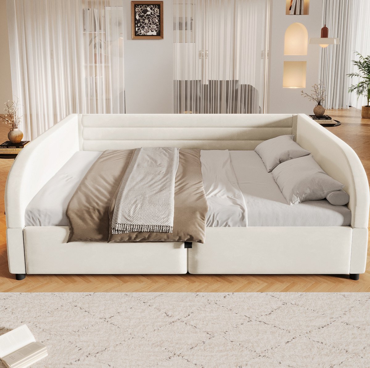 MEUNIQ Gestoffeerd platformbed 140x200 cm met hydraulische opbergruimte, lattenbodem en RGB-ledverlichting voor de slaapkamer, beige