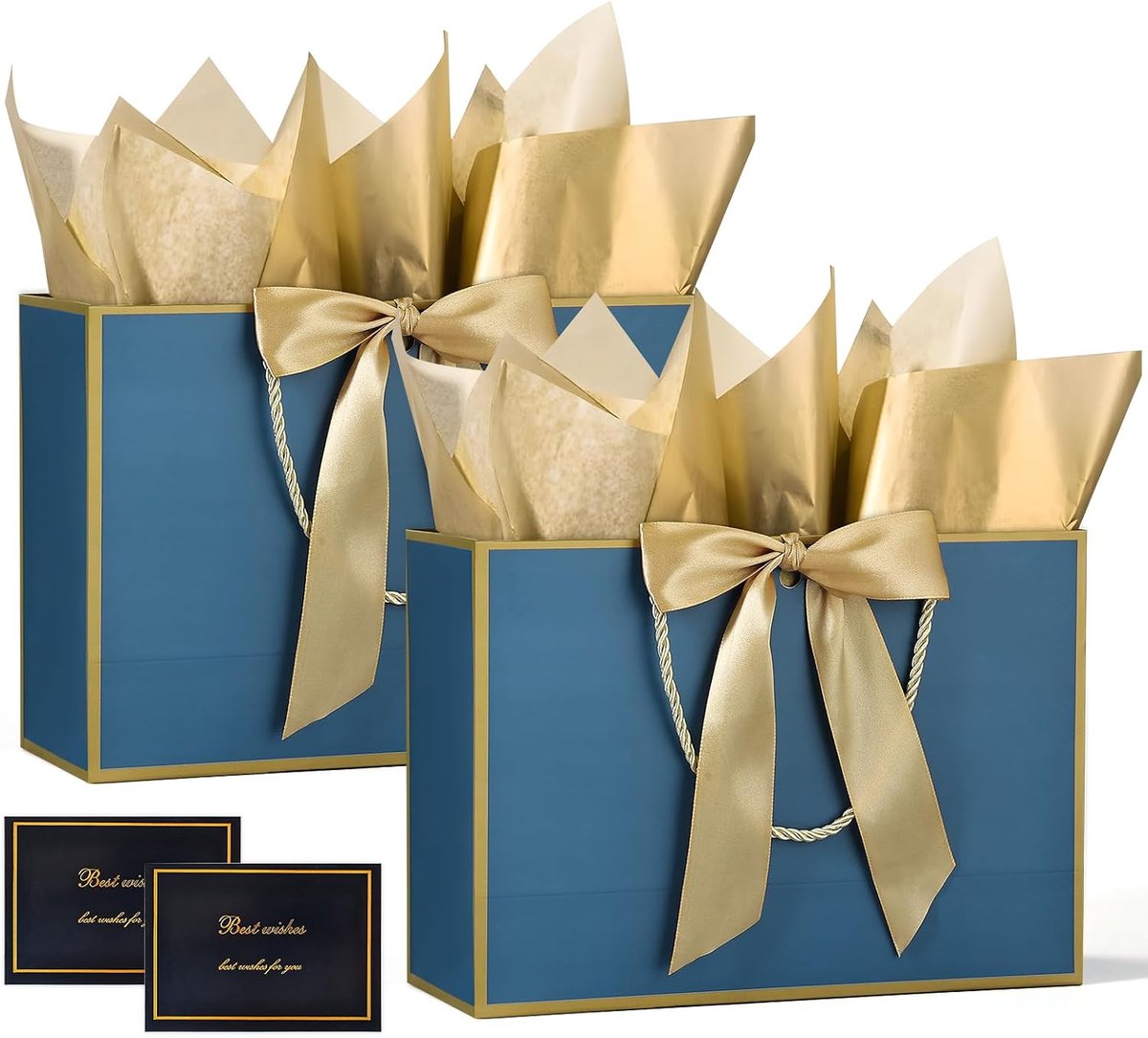 Papieren cadeautassen - Set van 2 grote cadeautassen met handvatten, afmetingen 28,4 x 20,9 x 10 cm, luxe strik, inclusief 2 kaartjes, geschikt voor verjaardagsfeestjes, bruiloften en andere gelegenheden,Donkerblauw,28x20x10cm