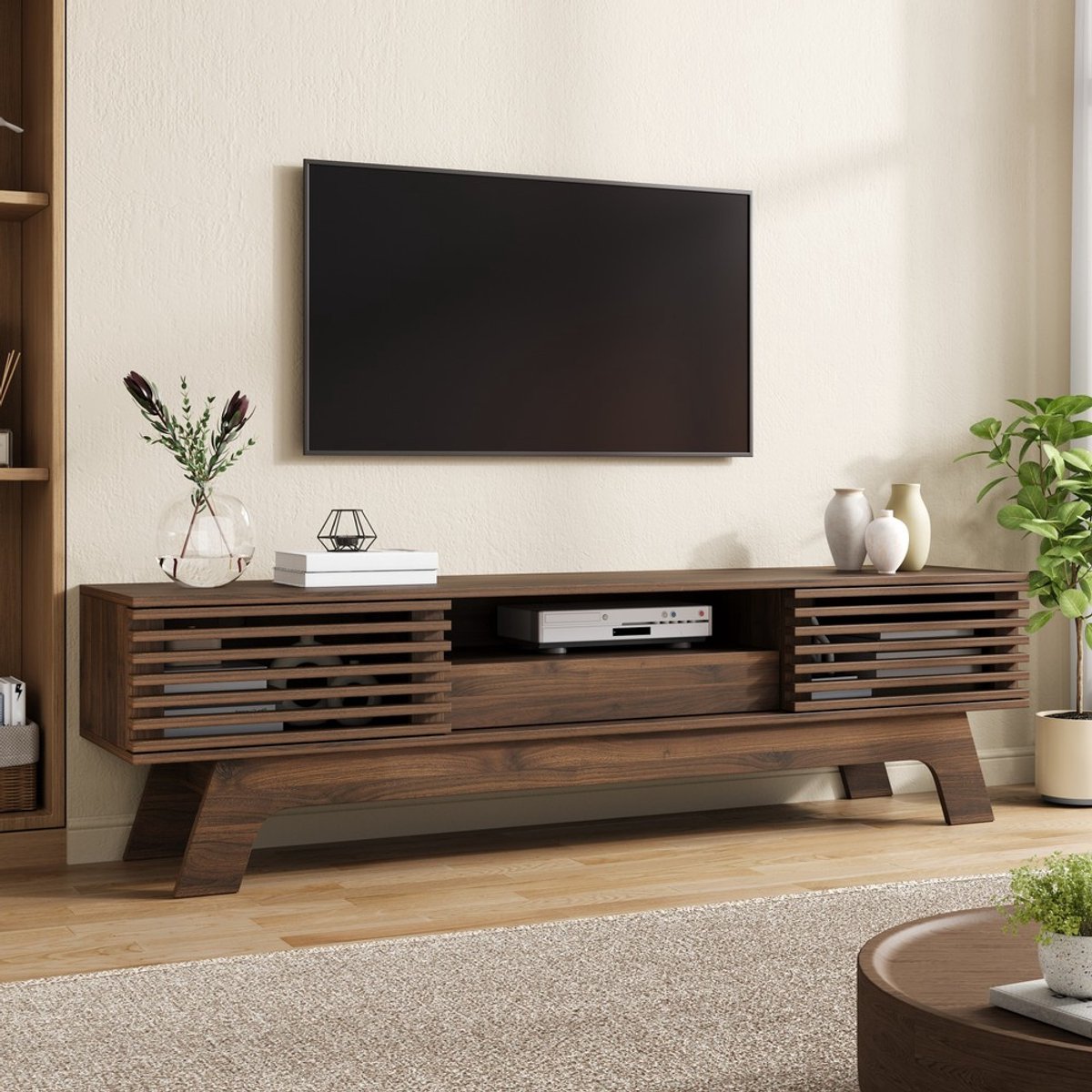 KOMHTOM TV-lowboard, tv-kast, tv-meubel, tv-tafel, MDF, lamellendeuren, lade, kabeldoorvoer, woonkamer Walnoot