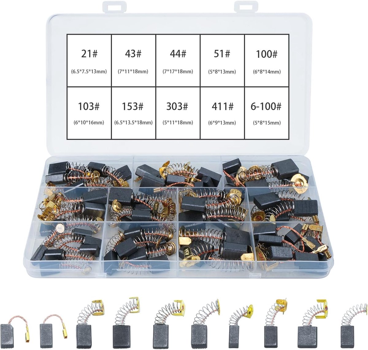 60 stuks vervangende koolborstels, 10 maten elektrische motor koolborstels voor elektrisch gereedschap, universele koolborstels voor roterende hamers, haakse slijpers en cirkelzagen