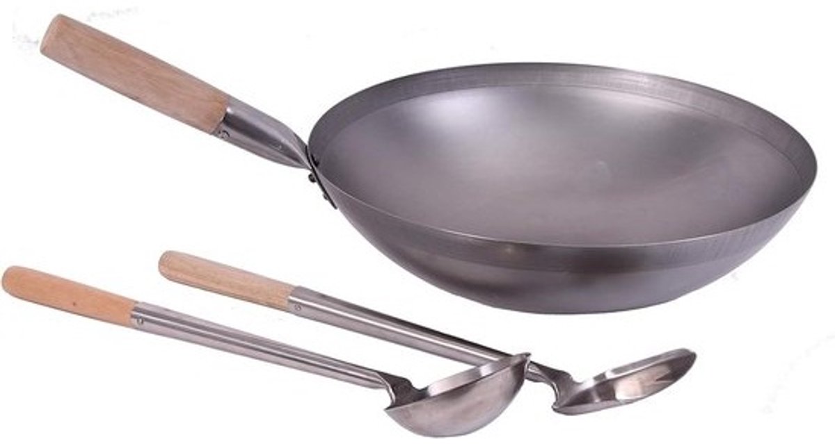 Wok set - Roerbakpan met toebehoren - Aziatisch koken - Voor gas en inductie - 31 cm diameter - Zwart