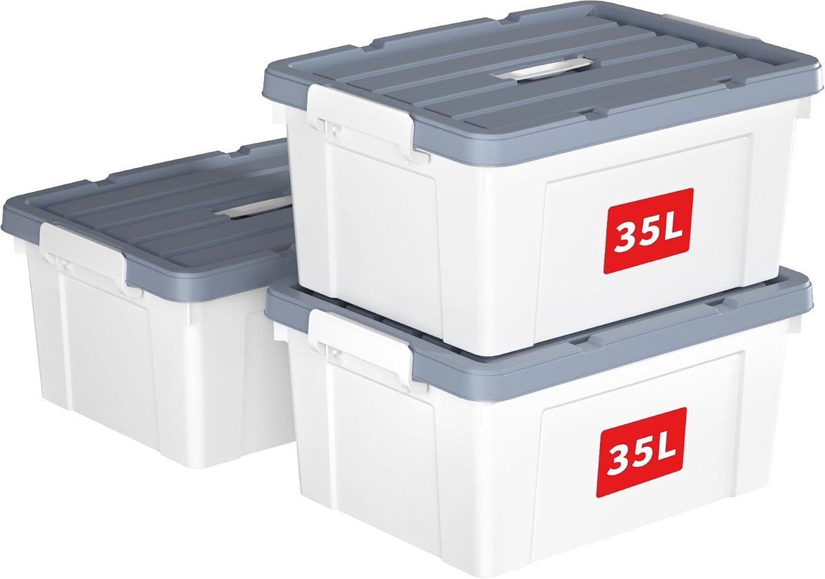 35L x 3 opbergdozen, plastic opbergdoos met deksels, organiserende container met handvat en veilige vergrendelende gespen, stapelbaar, nestbaar, draagtas voor thuiskantoor kleding, 35L-3Pack,