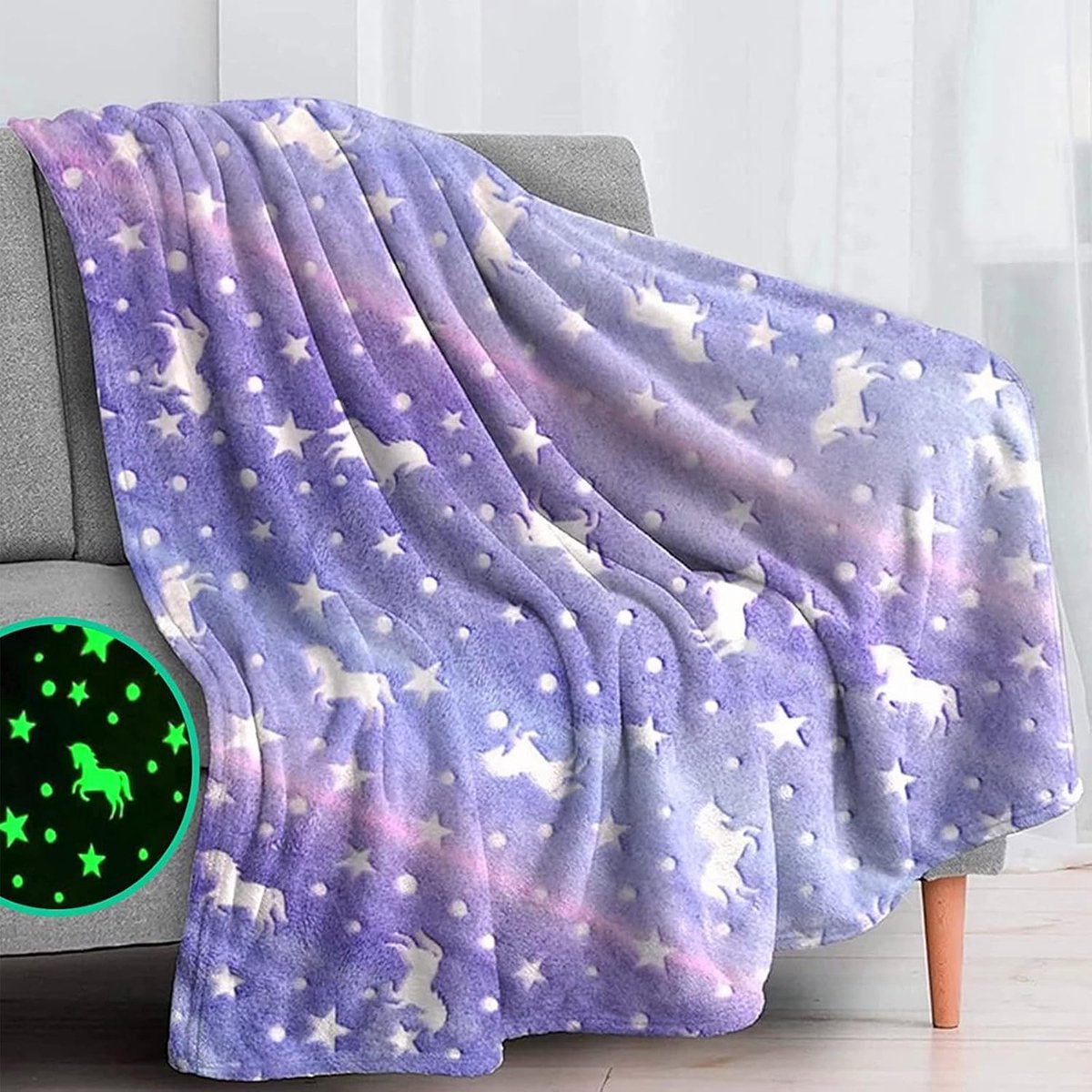 FLITI Kinderdeken - oplichtend eenhoorn - zacht en warm - voor bank en bed - flanellen deken - voor meisjes - paars - 150x200 cm - 1 stuk