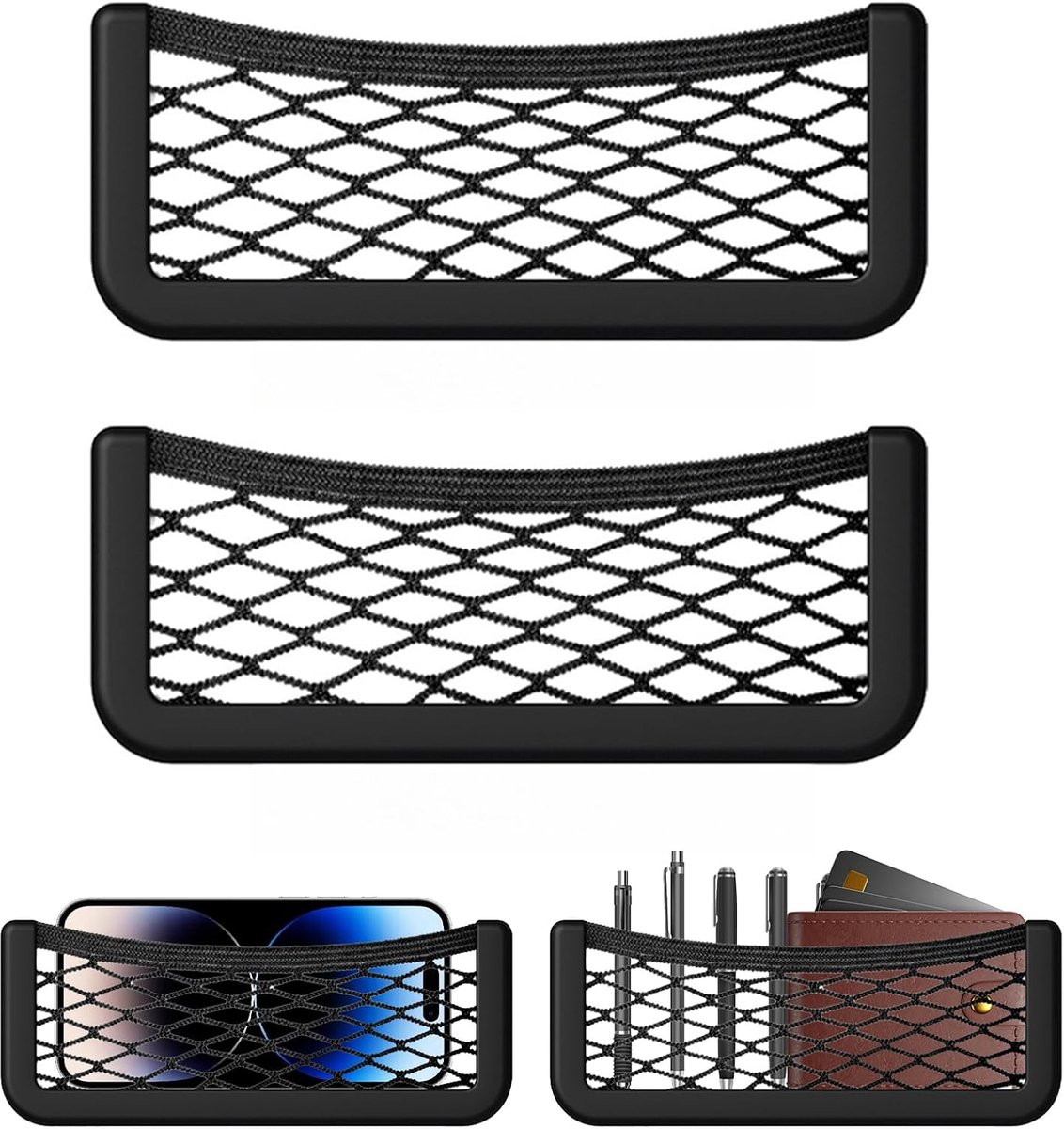 2 stuks zwarte mesh auto-opbergorganizer - elastische nettas met smartphonehouder en plastic frames voor auto's, bestelwagens, campers