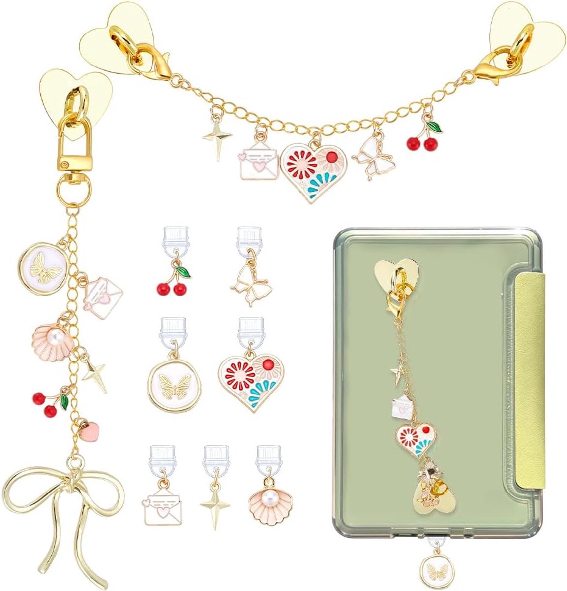 2 stuks bedelkettingen voor e-reader en 7 stuks type C bedels, hart bloem e-reader telefoon bedels stof plug bedelarmbanden accessoires voor boekenliefhebber lezers mannen vrouwen