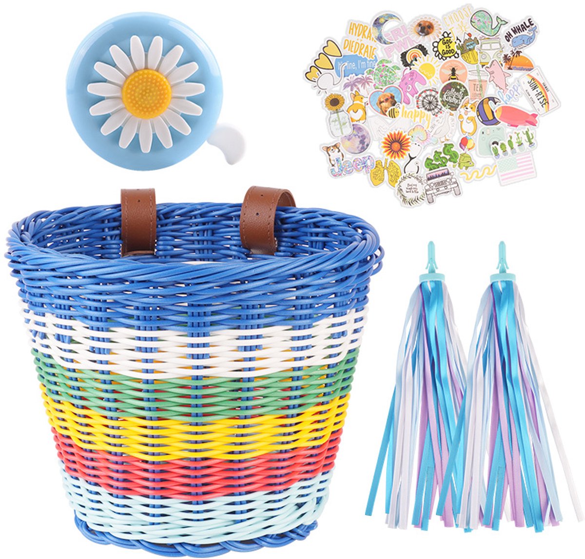 Fietsmand - Fietsmandje Kinderfiets - 20 x 16 x 14 cm - Fietsmandje Meisjes - hangmand - rieten kleur - Fietsaccessoire - Inclusief stickers, linten en een belletje