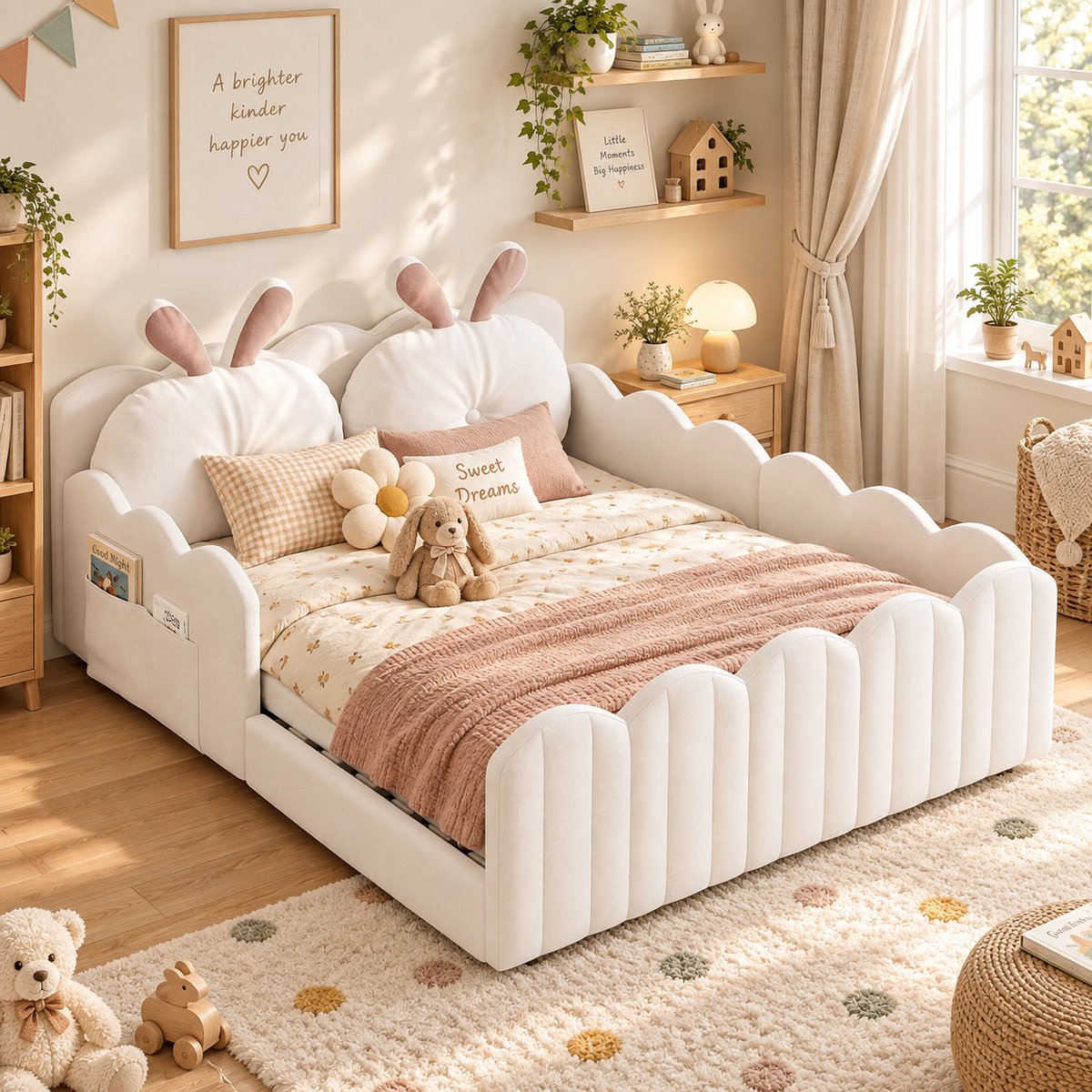 Welltin Kinderbed 140x200 cm - Tweepersoonsbed - Gestoffeerd bed - Met hoofdbord - Met veiligheidsreling - Kussen in de vorm van een konijn - Zacht en comfortabel - Stabiel & duurzaam - Snel Gemonteerd - Beige