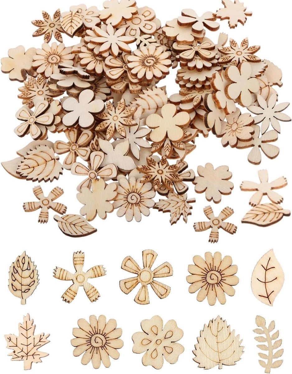 100 stuks Streudeko, Bosdieren Verjaardag Deko, Houten Tafeldeco Verjaardag, zum Bemalen für DIY Handwerk Scrapbooking Huwelijk Verjaardag Kerstdeco, Bos Deko (Planten)