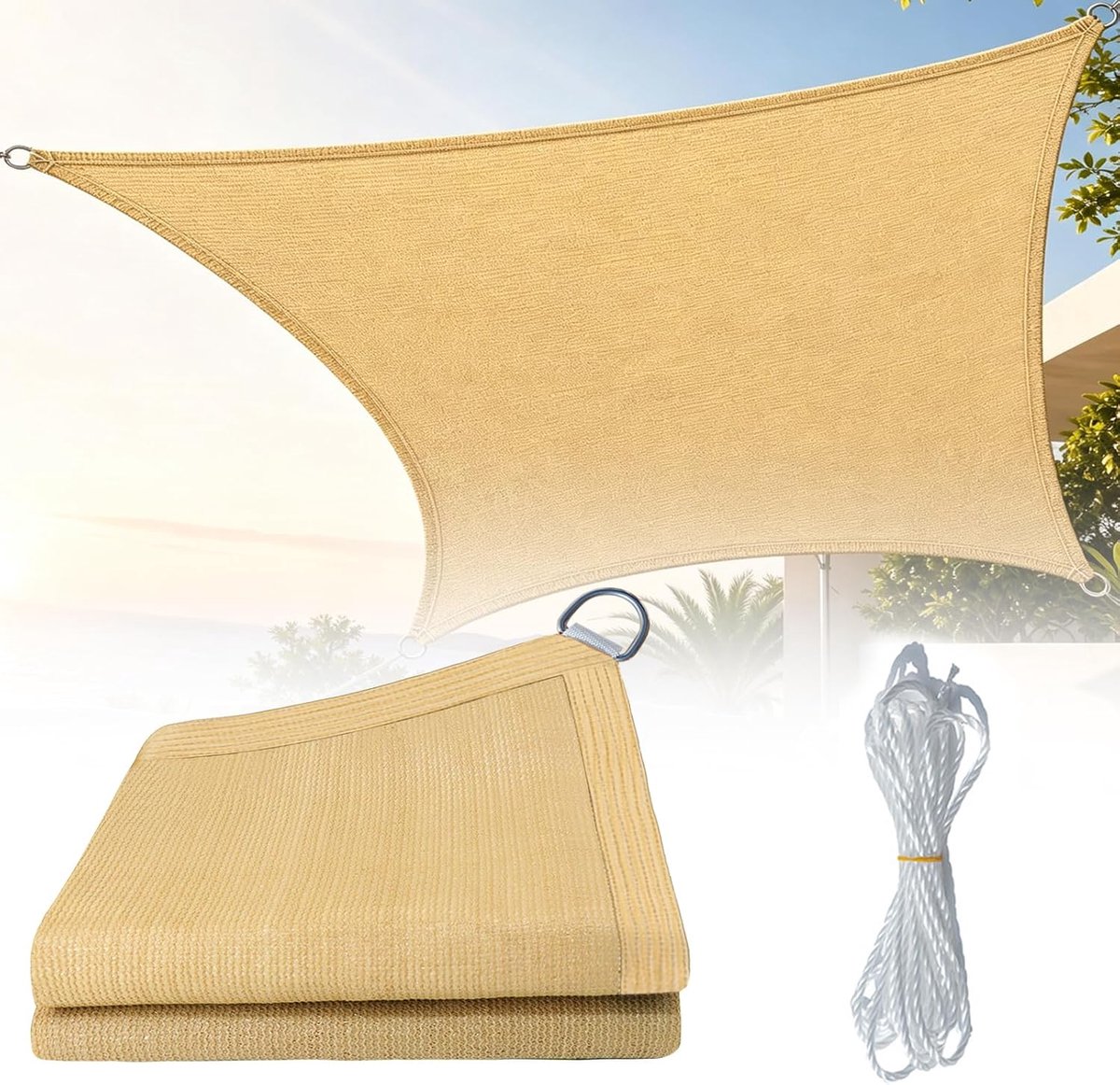 rechthoekig, 2 x 3 m, van HDPE, uv-bescherming, windoorlatend, duurzaam, met bevestigingskoorden, eenvoudig te monteren zonnezeil, terras voor tuin, pergola, zwembad en buitengebieden