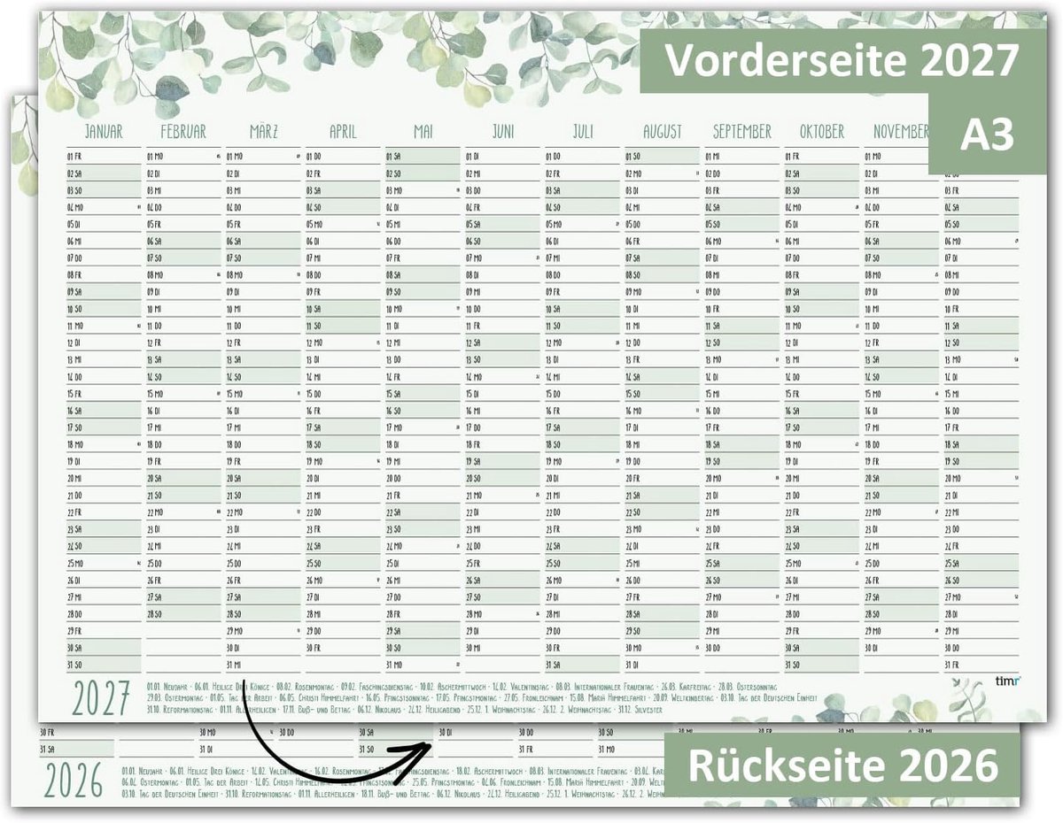 Wandkalender 2026 2027 Eucalyptus DIN A3 - tr395 | 12 maanden kalender dubbelzijdig met botanisch motief voor thuis kantoor en jaarplanning
