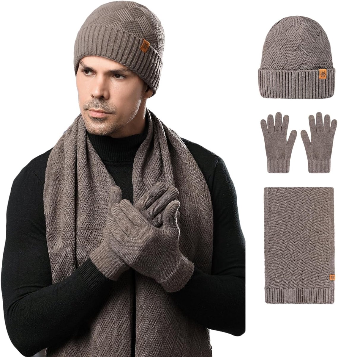 muts en handschoenen voor heren, 3-delige set, winter, warm, zachte set met touchscreen-handschoenen, muts en sjaal, ideaal cadeau voor heren, Kerstmis of verjaardag