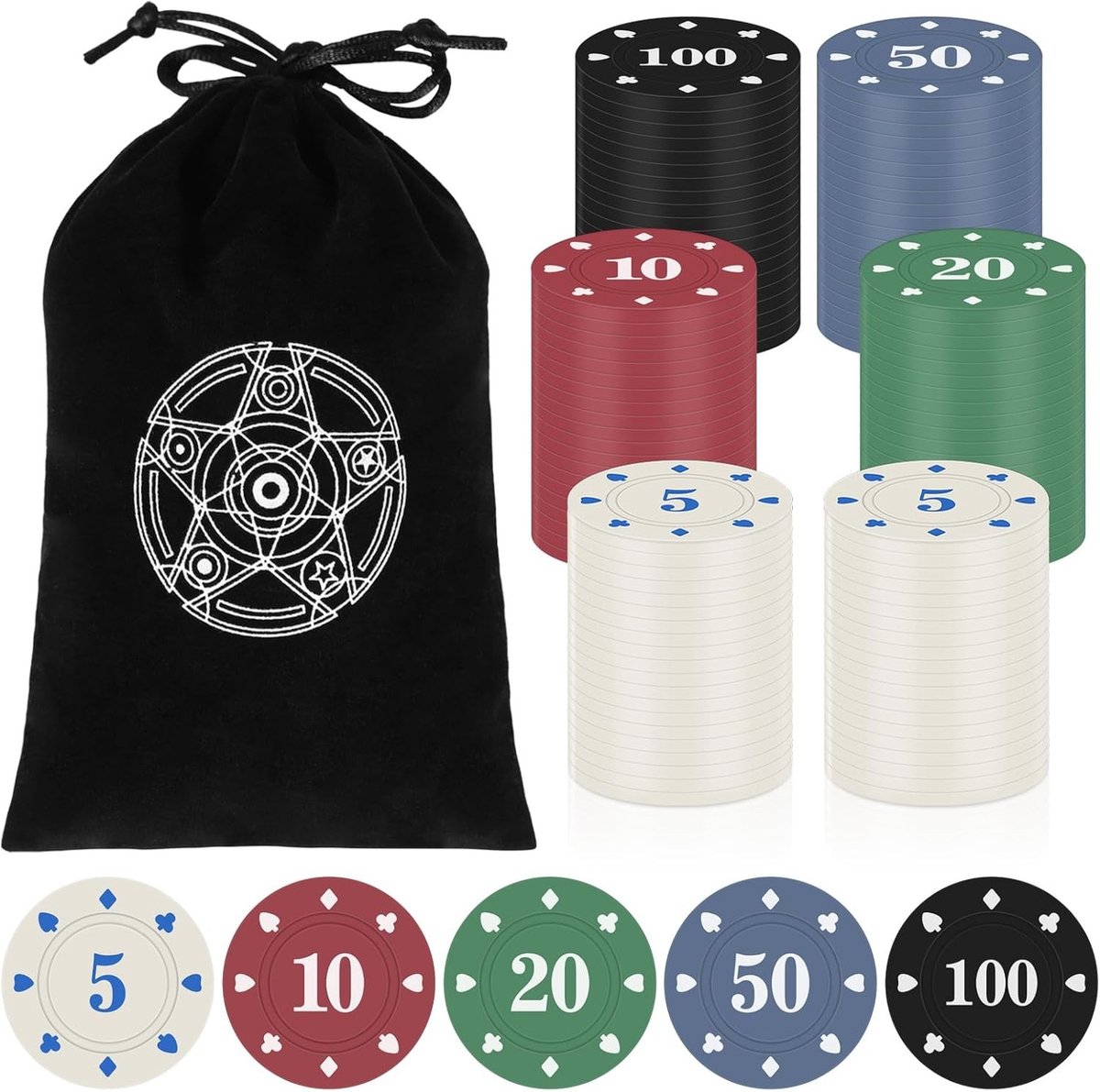 120 Stuks Poker Chips Set met Waarden, Inclusief Zwarte Fluwelen Tas voor Poker, Blackjack en Spelavonden, Perfect voor Feestjes en Spelletjesavonden