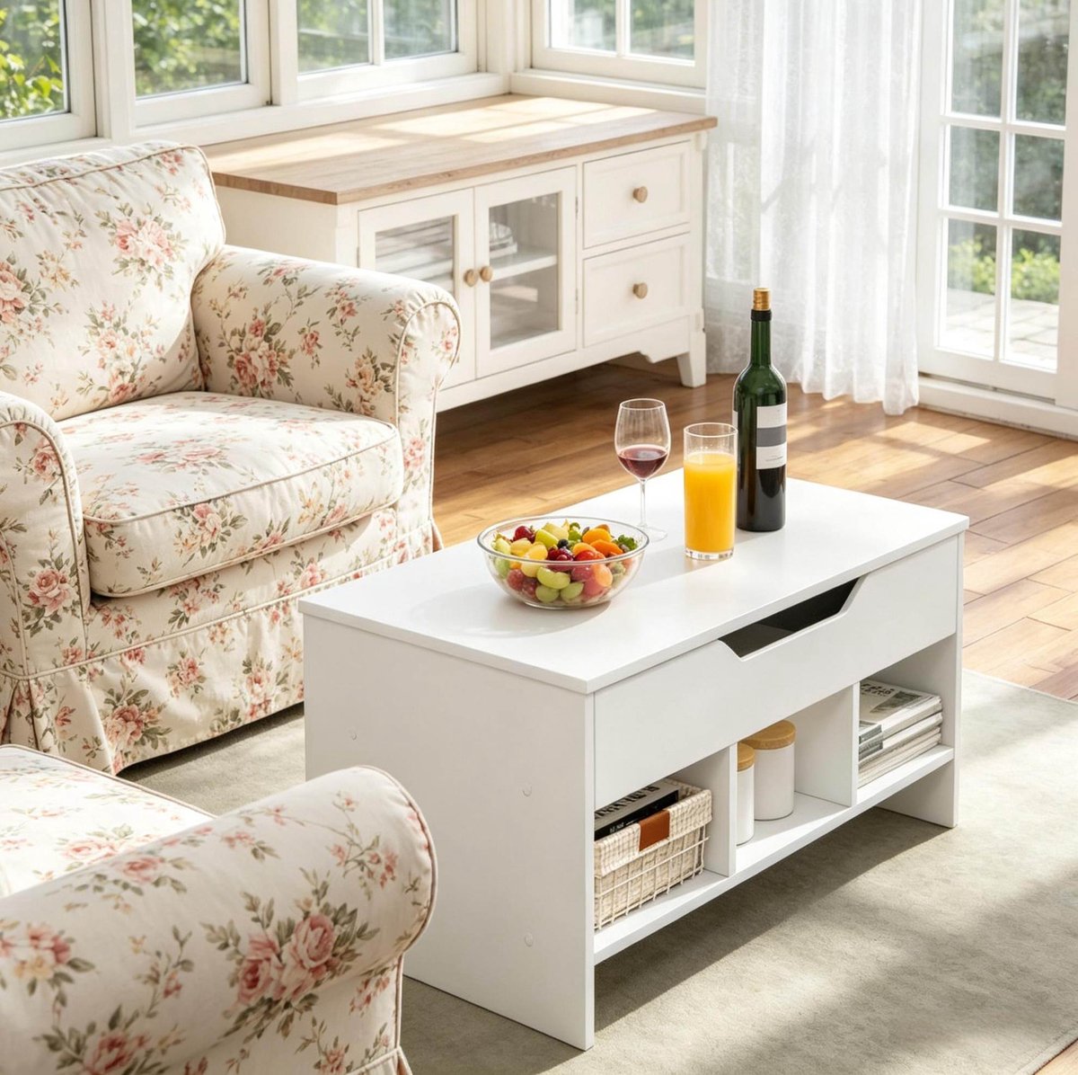 MEUNIQ Salontafel met lift-top 96 x 51 x 45 cm, opklapbaar tafelblad, verborgen vak en 3 open compartimenten, wit voor woonkamer en thuiskantoor