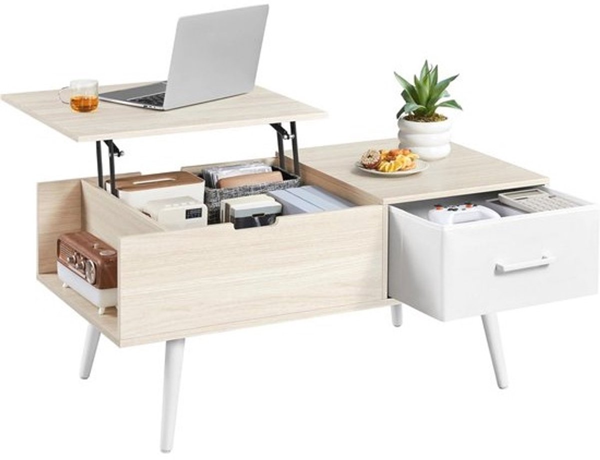 Salontafel In Hoogte Verstelbaar - Bijzettafel Koffietafel - Werken en Eten - Met Verborgen Opbergruimte