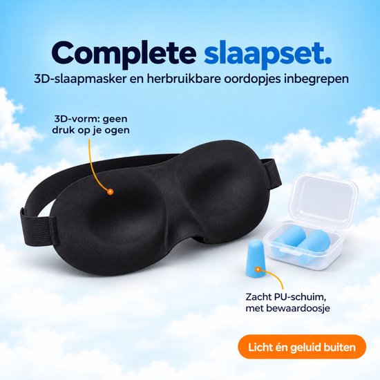 Zwart 3D-masker en blauwe oordopjes met doosje. Zacht PU-schuim.