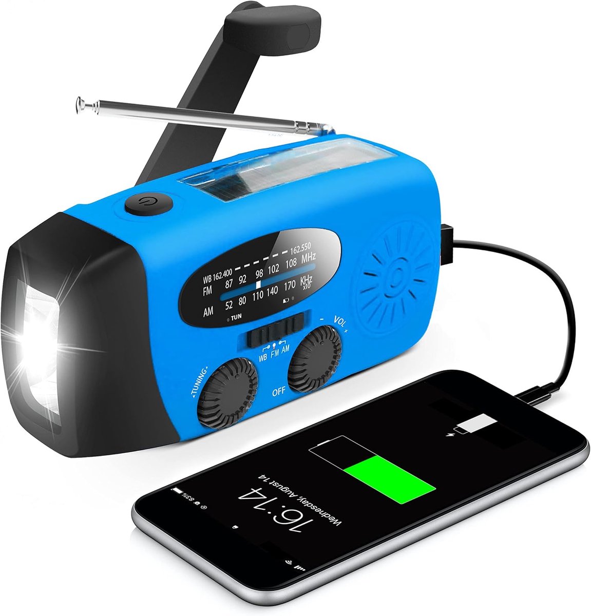 Blauwe handaangedreven radio met LED-zaklamp, 2000mAh AM/FM noodradio.