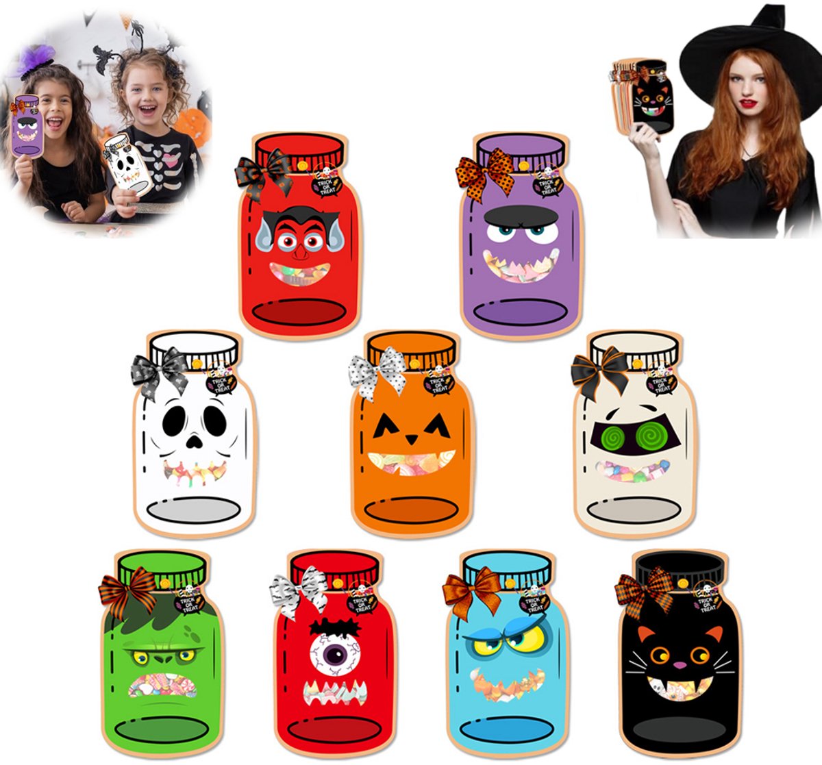 9 stuks - Halloween kaarten - Snoepkaarten - Griezelpotje kaarten - Papieren kaarten - Knutselpakket - 15 x 8,24 cm - Trick or Treat traktatie - School traktatie - Halloween feestartikelen