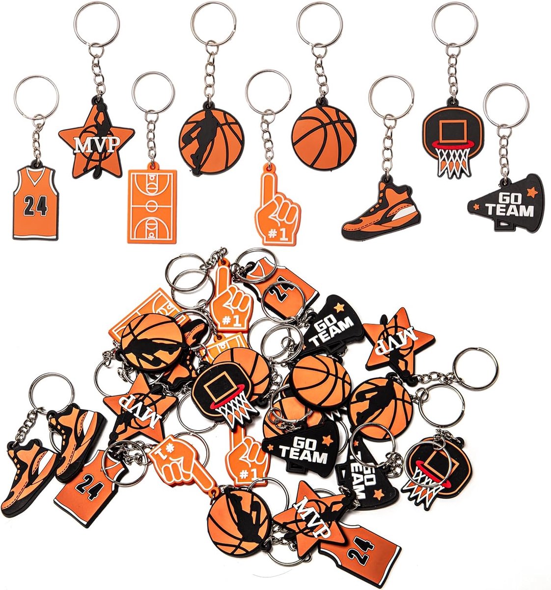 Basketbal-sleutelhangers voor kinderen, 27 stuks, sportieve sleutelhanger voor feestcadeau, gastgeschenk, basketbal, sleutelhanger van pvc, voor verjaardagsfeesten, kinderen en volwassenen,