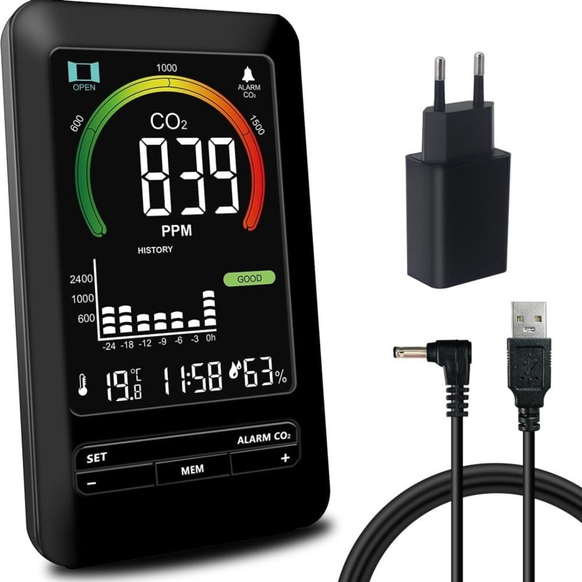 Kavo®-CO2-meter - Luchtkwaliteitsmeter - Voor Thuis, Kantoor & School - Zwart - 3cm x 11cm x 14cm