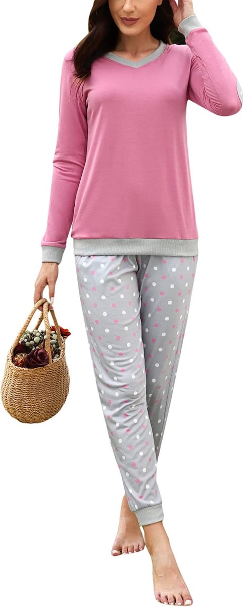 Pyjama voor dames, lange pyjama, winter, pyjama, vrouwen, katoen, tweedelige nachtkleding met lange mouwen, huispak, lange pyjamabroek met manchetten, zakken, S-XXL, donkerroze, XL