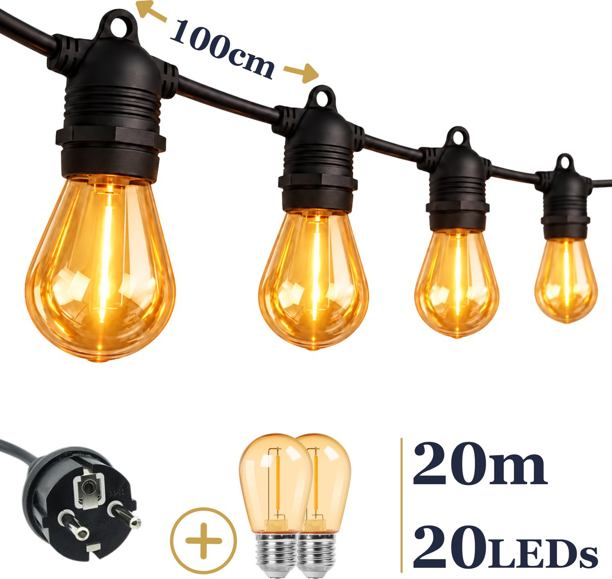 Odaily S14 Amber Lichtsnoer 20m - 20 LEDs - IP65 Waterdicht - Extra Warm Wit Licht - Premium Kwaliteit