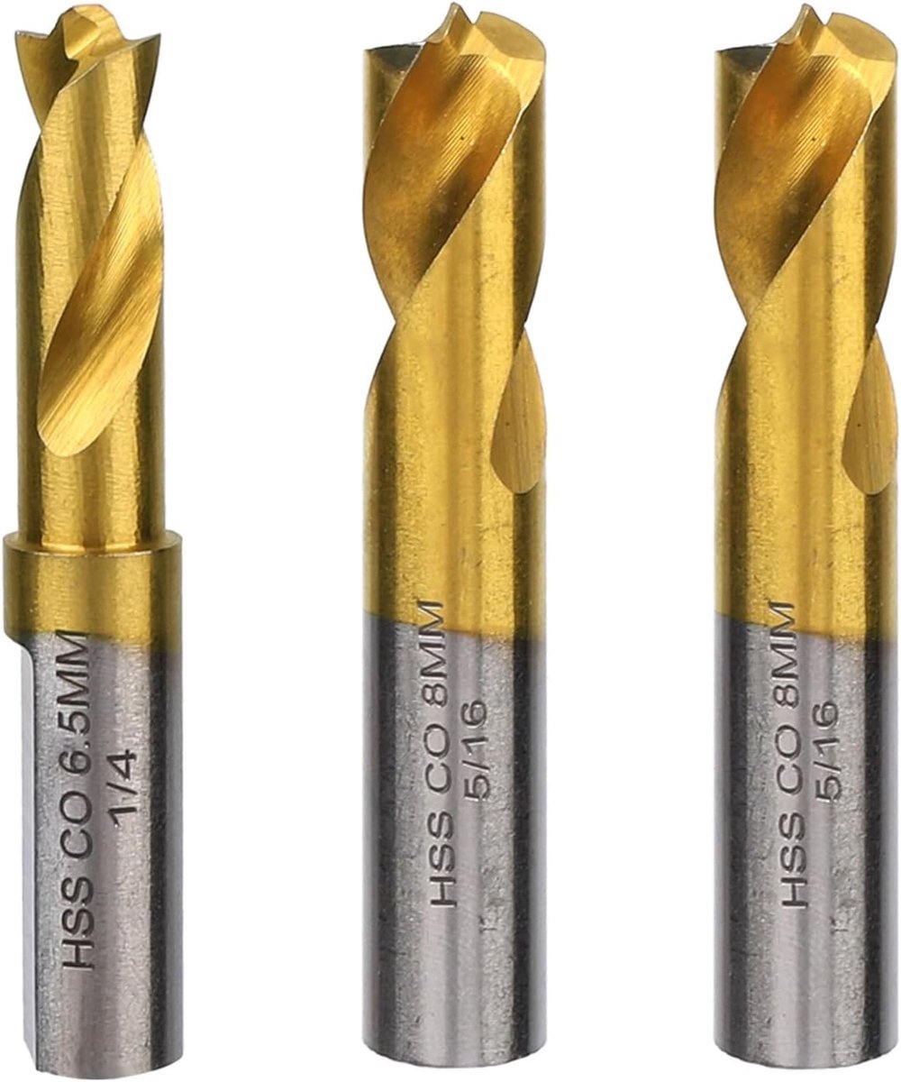 Set van 3 Spot Weld Boorbits, 6.5mm en 8mm HSS, Titanium Coating voor het Verwijderen van Puntlassen en Laskoppen