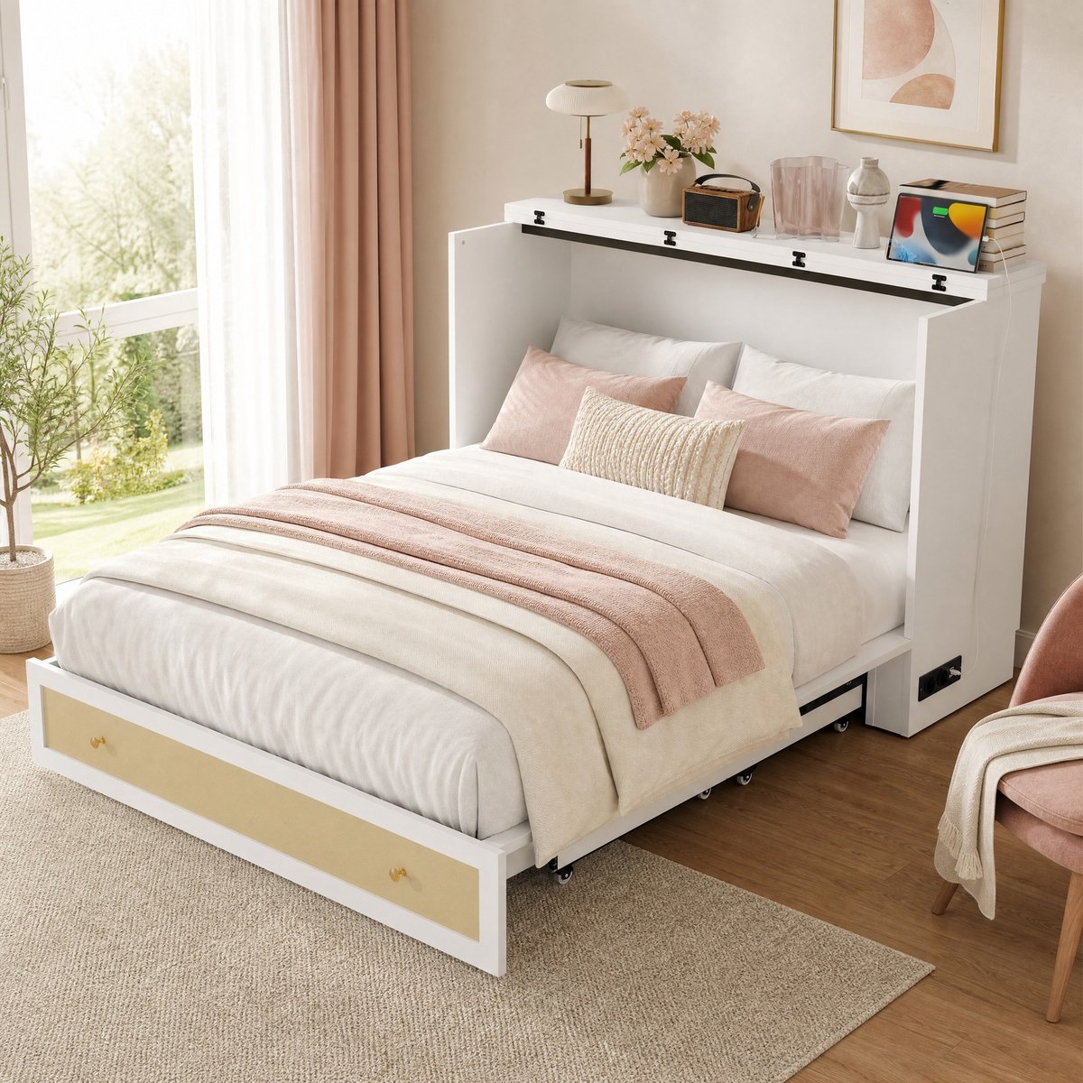 MEUNIQ Opklapbed 140 x 200 cm tweepersoons met bedlade, opbergrek, USB en stopcontact – om te vormen tot kast voor slaapkamer – wit