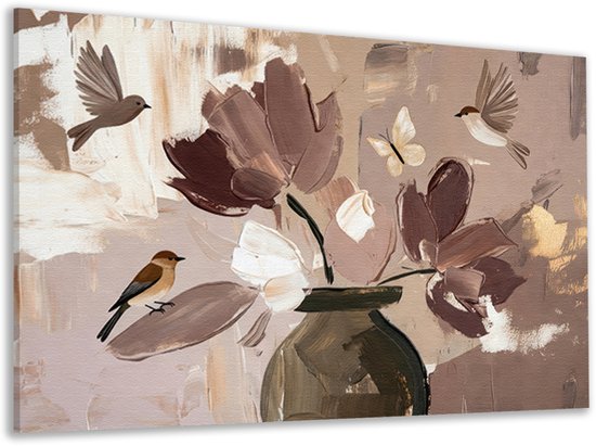 Modern canvas schilderij met abstracte bloemen, vogels en een vlinder in zachte beige en bruine tinten.