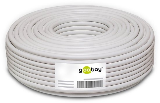 Een rol witte luidsprekerkabel van Goobay met een label.