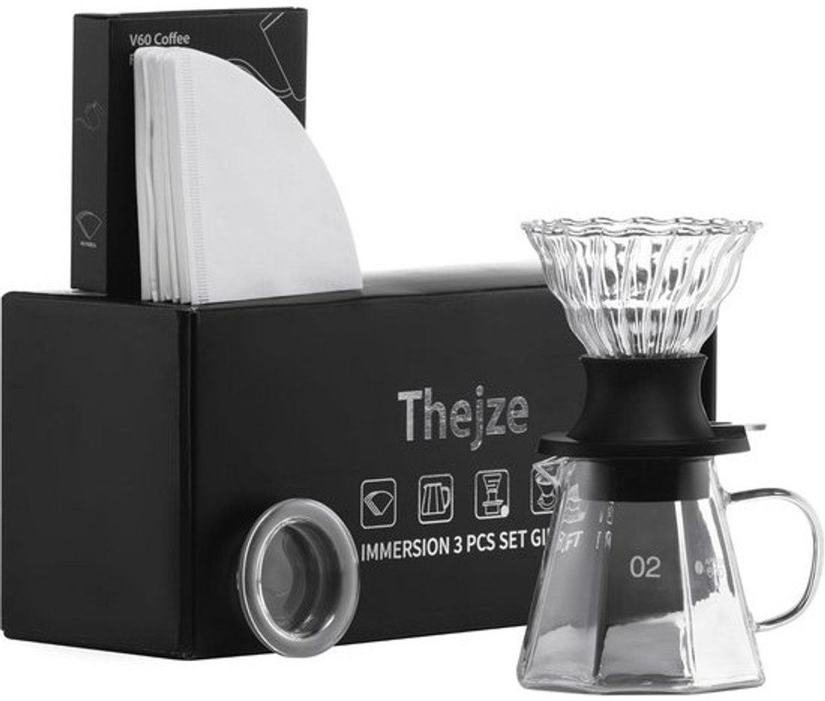 Koffiezetapparaat met onderdompeling druppelaar - 600ml/20oz borosilicaat glazen koffiepot, V60 slimme druppelaar & 50 Virgin pulp filterpapieren