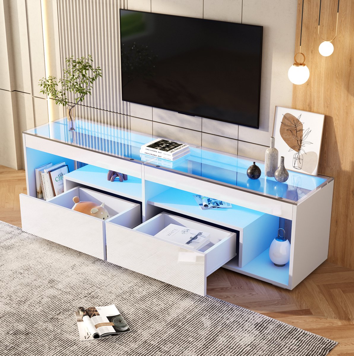 MEUNIQ TV meubel 180 cm met LED-verlichting, 2 lades, open vakken en tafelblad van gehard glas voor tv's tot 70 inch, wit voor woonkamer