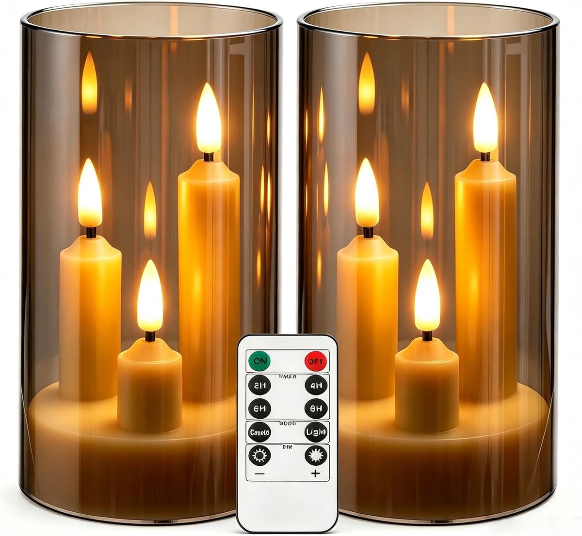 2 Pack 3D Wick vlamloze conische kaarsen, grijze transparante acryl cover LED flikkerende kaarslichten, afstandsbediening batterij aangedreven elektrische kaarsen voor thuis bruiloft kerstfeest tafel