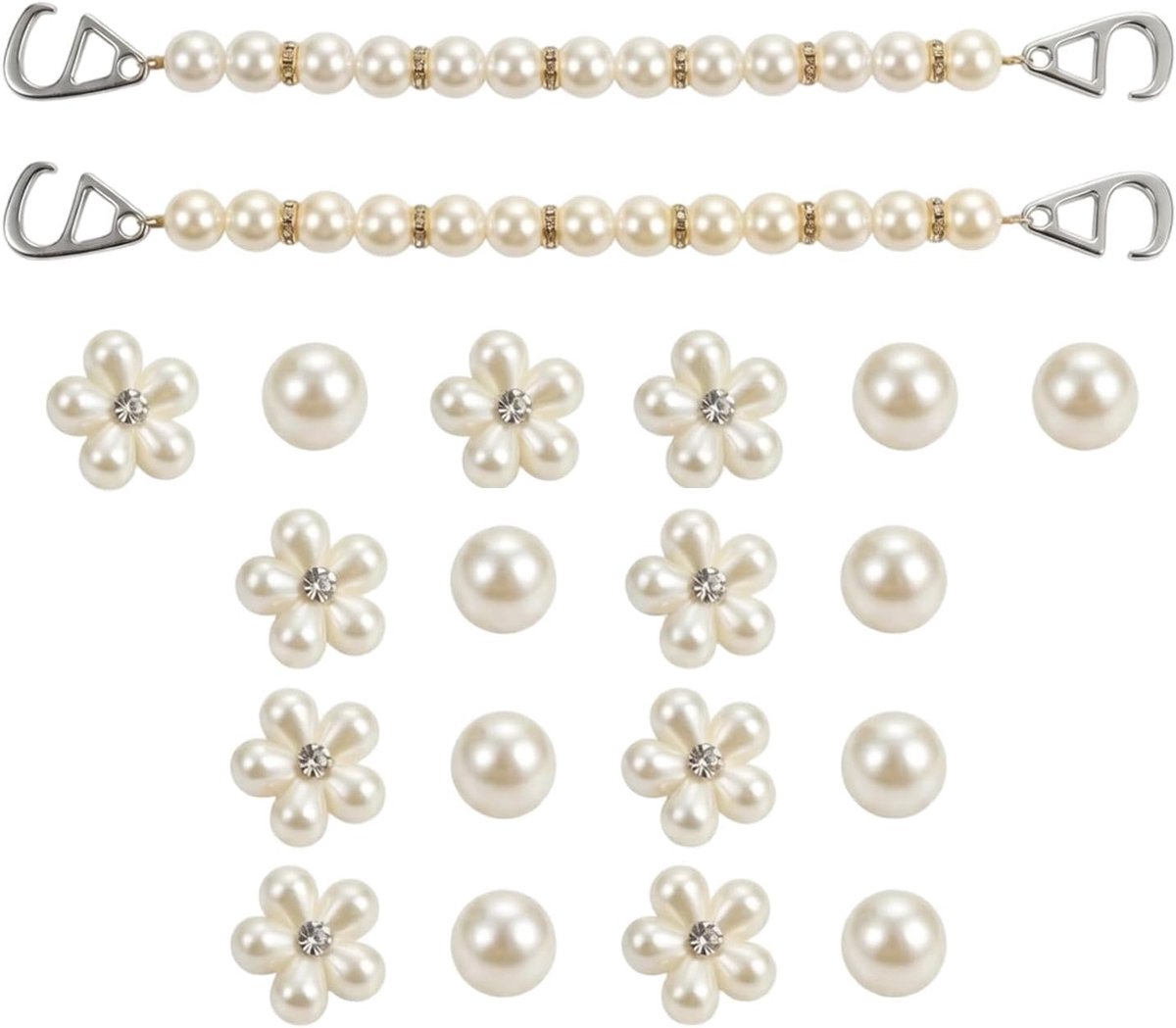 Bedels, bloemen, parels, met 2 schoenkettingen, sieraden voor schoenen, decoratie, klompen, doe-het-zelf, accessoires voor klompen, gebroken wit