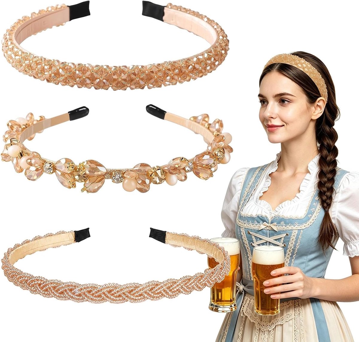 Banden van kristallen in champagnekleur, modieuze hoofdbanden voor dames, elegante ontwerpen, Oktoberfest, haarband voor bruiloften en feesten, haarband voor meisjes en missing