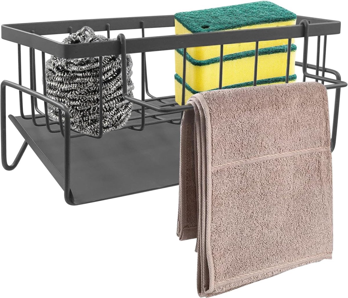 Gootsteenorganizer, sponshouder, multifunctionele sponshouder met automatische afdruipbak, afneembare afwasdoekhouder, wandmontage keukenrek (zwart)