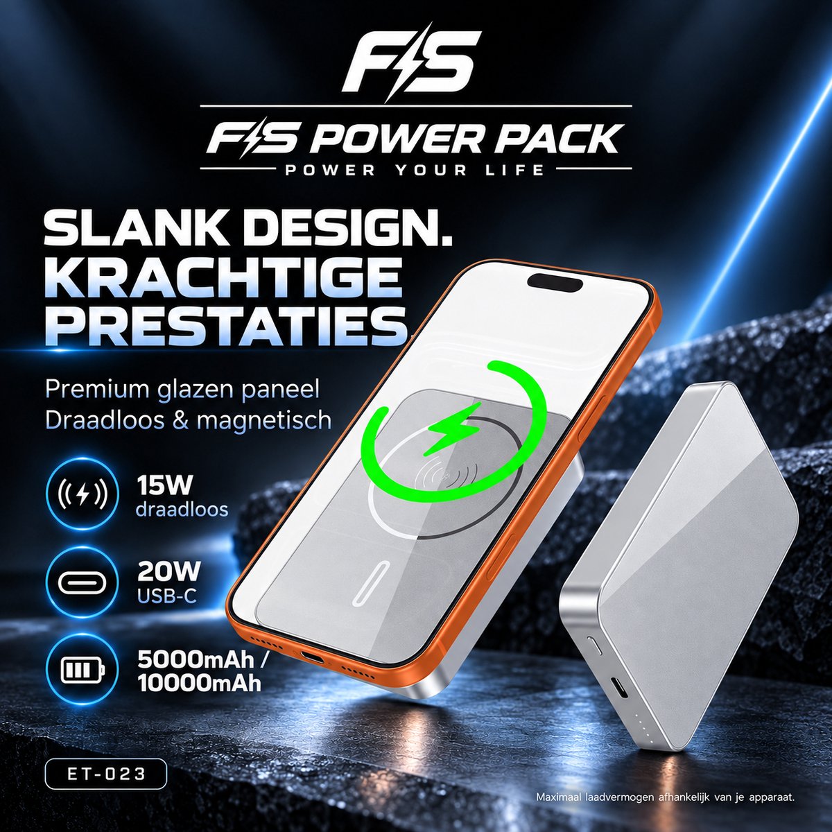 Premium Glazen Paneel – Ultra Dun – Draadloos Magnetisch Powerbank 5000mAh-10000mAh – Premium Glazen Paneel – Ultra Dun – Draadloos Magnetisch – 15W Draadloos Opladen – 20W USB-C Snelladen – FS Power Pack ET-023 – Zilver