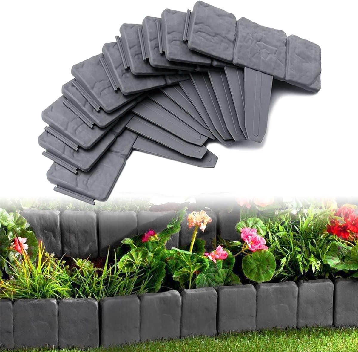 Kunststof steenlook, 2,5 m, flexibele PP bloembedomranding voor bloemen, tuinhek, decoratief, L 25 x H 23 cm, 10 stuks, antraciet