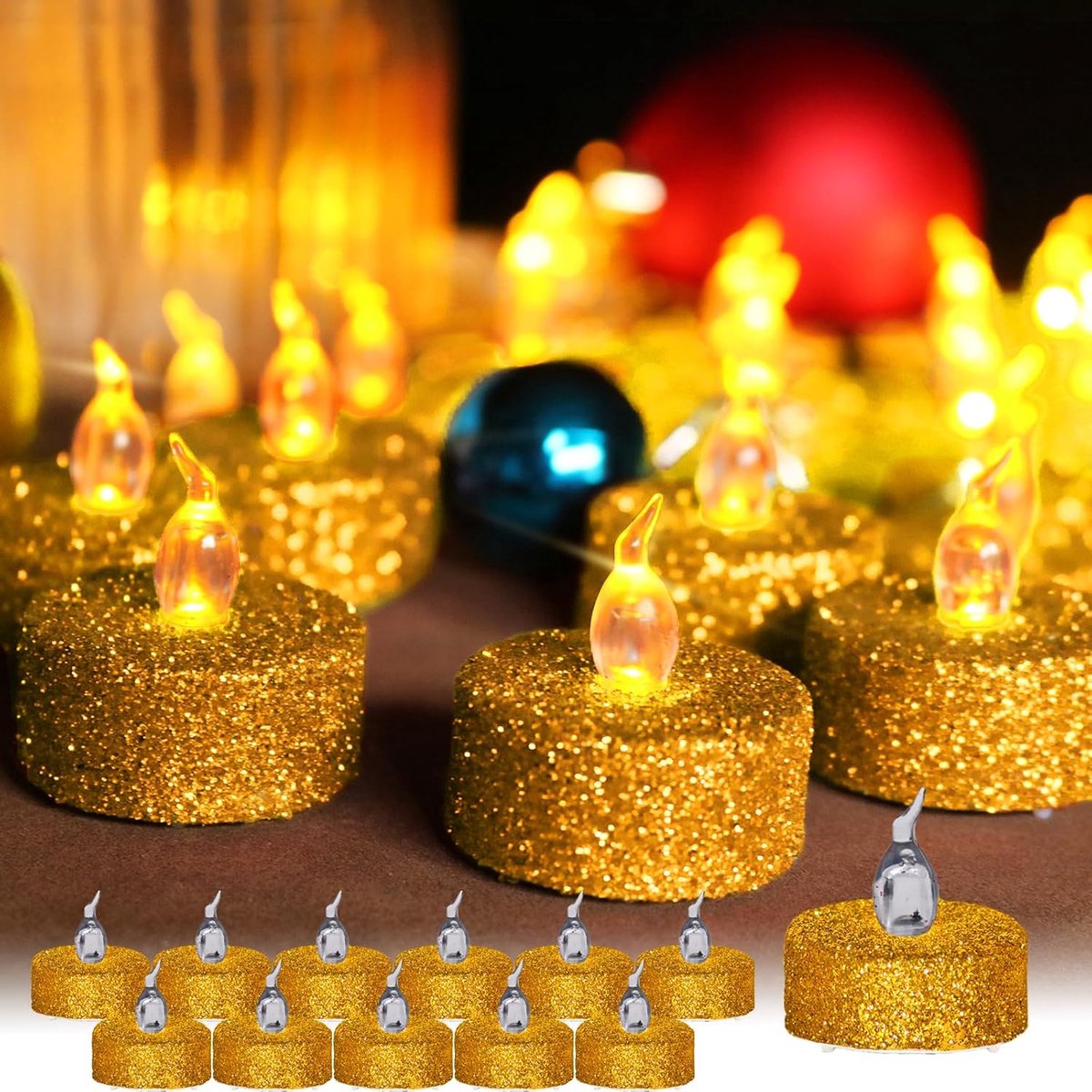 12 stuks led-theelichtjes, flikkerende decoratieve tafelkaarsen, elektrische theelichtjes, batterijen inbegrepen voor bruiloftsfeest, jubileum, verloving, decoratie, champagne, glinsterend