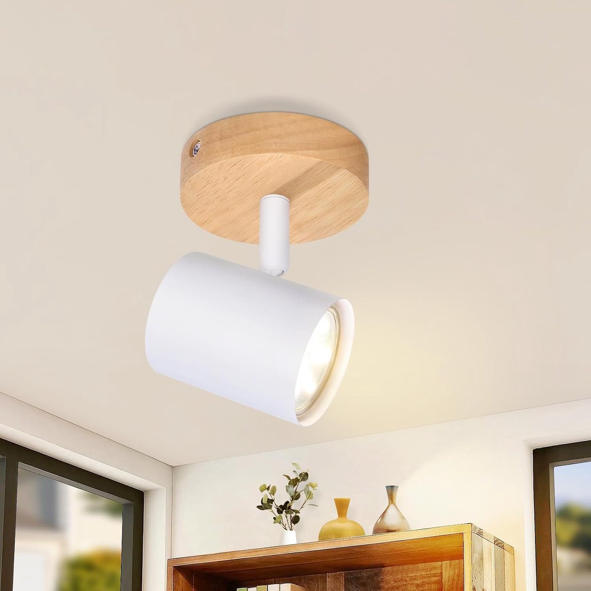 Plafondspot 1-vlam - vintage houten plafondlamp, draaibare GU10