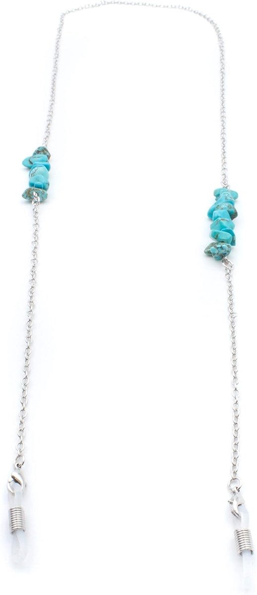 - Premium brillenketting & brilband - echte stenen - 18 karaat gouden legering of 925 zilverlegering - Unisex voor leesbril & zonnebril, zilver/blauw., M