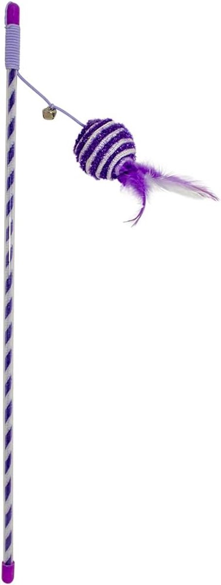 Duvoplus, Catchy Hengel, glitter, 46 x 4 x 3,5 cm, paars, speelhengel met bal en veren, elastisch touw met belletje voor meer speelplezier, kattenspeelgoed